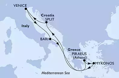 Venice,Bari,Piraeus,Mykonos,Split,Venice