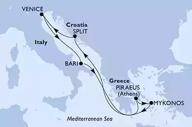 Bari,Piraeus,Mykonos,Split,Venice,Bari