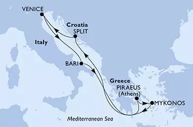 Bari,Piraeus,Mykonos,Split,Venice,Bari