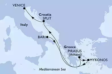 Bari,Piraeus,Mykonos,Split,Venice