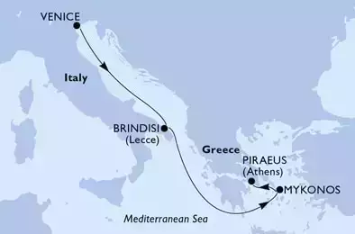 Venice,Brindisi,Mykonos,Piraeus