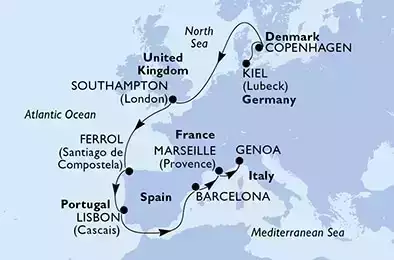 Kiel,Copenhagen,Southampton,Ferrol,Lisbon,Barcelona,Marseille,Genoa