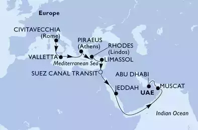 MSC VIRTUOSA - Itinerario di 17 notti partendo da CIVITAVECCHIA il 08/11/2021 - Italia, Malta, Grecia, Cipro, Egitto, Arabia Saudita, Oman, Emirati Arabi Uniti