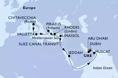 MSC VIRTUOSA - Itinerario di 18 notti partendo da CIVITAVECCHIA il 08/11/2021 - Italia, Malta, Grecia, Cipro, Egitto, Arabia Saudita, Oman, Emirati Arabi Uniti