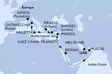 MSC VIRTUOSA - Itinerario di 18 notti partendo da GENOVA il 07/11/2021 - Italia, Malta, Grecia, Cipro, Egitto, Arabia Saudita, Oman, Emirati Arabi Uniti