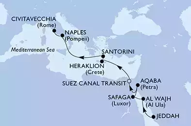 Jeddah,Al Wajh,Safaga,Aqaba,Suez Canal South,Suez Canal North,Heraklion,Santorini,Naples,Civitavecchia