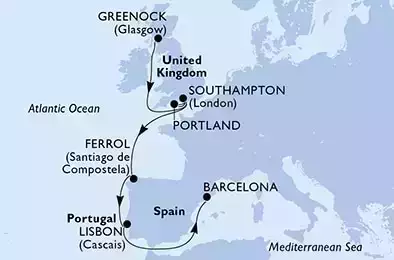 MSC VIRTUOSA - Itinerario di 12 notti partendo da GREENOCK,UNITED KINGDOM il 08/09/2021 - Greenock,Southampton,Portland,Southampton,Ferrol,Lisbon,Barcelona