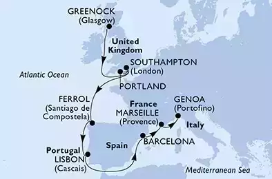 MSC VIRTUOSA - Itinerario di 14 notti partendo da GREENOCK,UNITED KINGDOM il 08/09/2021 - Greenock,Southampton,Portland,Southampton,Ferrol,Lisbon,Barcelona,Marseille,Genoa