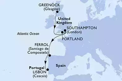 MSC VIRTUOSA - Itinerario di 10 notti partendo da GREENOCK,UNITED KINGDOM il 08/09/2021 - Greenock,Southampton,Portland,Southampton,Ferrol,Lisbon