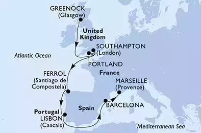 MSC VIRTUOSA - Itinerario di 13 notti partendo da GREENOCK,UNITED KINGDOM il 08/09/2021 - Greenock,Southampton,Portland,Southampton,Ferrol,Lisbon,Barcelona,Marseille