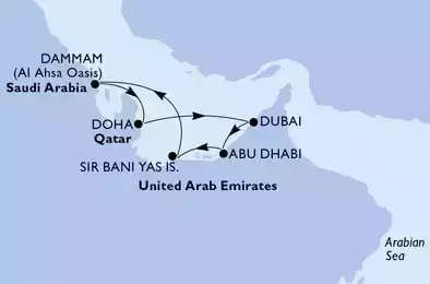 Doha,Dubai,Dubai,Abu Dhabi,Sir Bani Yas,Dammam,Doha