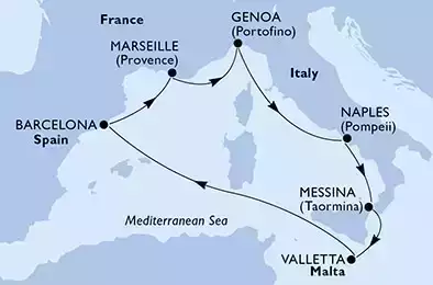 Genoa,Naples,Messina,Valletta,Barcelona,Marseille,Genoa