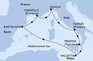 Naples,Messina,Valletta,Barcelona,Marseille,Genoa,Naples