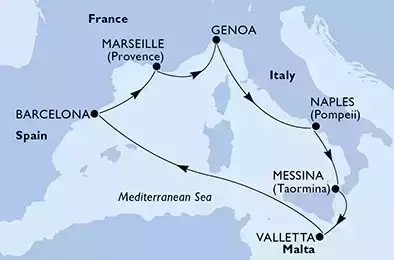 MSC WORLD EUROPA - Itinerario di 7 notti partendo da NAPOLI il 21/08/2023 - Naples,Messina,Valletta,Barcelona,Marseille,Genoa,Naples