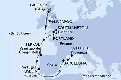 MSC VIRTUOSA - Itinerario di 14 notti partendo da LIVERPOOL,  GRAN BRETAGNA il 07/09/2021 - Regno Unito, Spagna, Portogallo, Francia