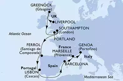 MSC VIRTUOSA - Itinerario di 15 notti partendo da LIVERPOOL,  GRAN BRETAGNA il 07/09/2021 - Regno Unito, Spagna, Portogallo, Francia, Italia