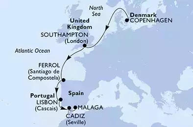 Copenhagen,Southampton,Ferrol,Lisbon,Cadiz,Malaga