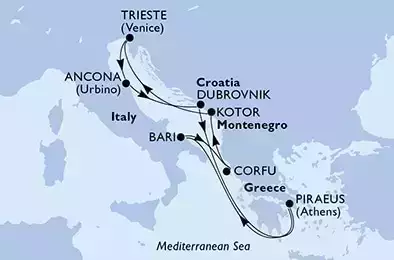 Bari,Corfu,Kotor,Trieste,Ancona,Dubrovnik,Piraeus,Bari