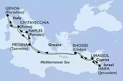Haifa,Limassol,Rhodes,Messina,Naples,Civitavecchia,Genoa,Civitavecchia,Messina,Rhodes,Limassol,Haifa