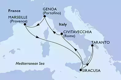 Siracusa,Taranto,Civitavecchia,Genoa,Marseille,Siracusa