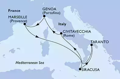 MSC SPLENDIDA - Itinerario di 7 notti partendo da TARANTO (ALBEROBELLO) il 19/10/2022 - Taranto,Civitavecchia,Genoa,Marseille,Siracusa,Taranto