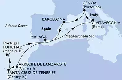Civitavecchia,Genoa,Barcelona,Arrecife de Lanzarote,Santa Cruz de Tenerife,Funchal,Malaga,Civitavecchia