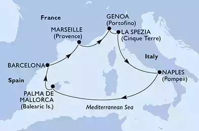 La Spezia,Naples,Palma de Mallorca,Barcelona,Marseille,Genoa,La Spezia