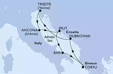 MSC FANTASIA - Itinerario di 7 notti partendo da BARI il 28/06/2022 - Bari,Corfu,Dubrovnik,Trieste,Ancona,Split,Bari