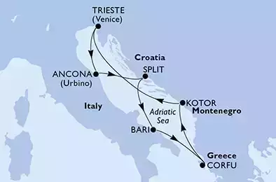 Trieste,Ancona,Split,Bari,Corfu,Kotor,Trieste