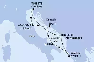 MSC FANTASIA - Itinerario di 7 notti partendo da ANCONA il 03/07/2022 - Ancona,Split,Bari,Corfu,Kotor,Trieste,Ancona
