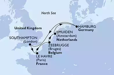 Zeebrugge,IJmuiden,Hamburg,Southampton,Le Havre,Zeebrugge