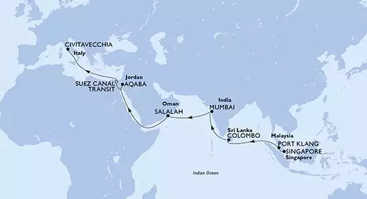 MSC MAGNIFICA - Itinerario di 22 notti partendo da SINGAPORE,  REPUBBLICA DI SINGAPORE il 08/04/2023 - Singapore, Malesia, Sri Lanka, India, Oman, Giordania, Egitto, Italia