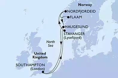 Southampton,Stavanger,Nordfjordeid,Flaam,Haugesund,Southampton