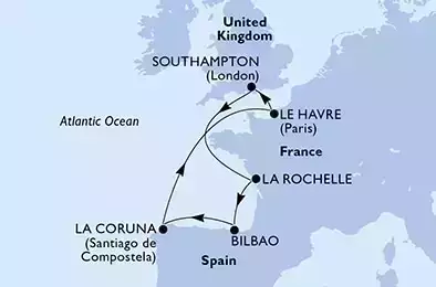 MSC VIRTUOSA - Itinerario di 7 notti partendo da SOUTHAMPTON, UNITED KINGDOM il 25/06/2022 - Regno Unito, Francia, Spagna