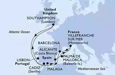 Southampton,Cadiz,Malaga,Alicante,Palma de Mallorca,Villefranche sur Mer,Barcelona,Lisbon,Southampton