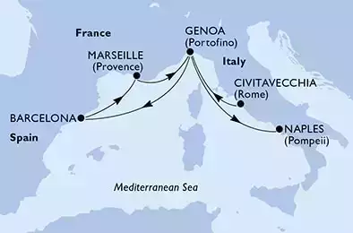 Civitavecchia,Genoa,Barcelona,Marseille,Genoa,Naples