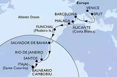 Venice,Split,Barcelona,Alicante,Malaga,Funchal,Salvador,Rio de Janeiro,Santos,Balneario Camboriu,Itajai