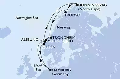 Hamburg,Alesund,Honningsvag,Tromso,Trondheim,Molde Fjord,Olden,Hamburg