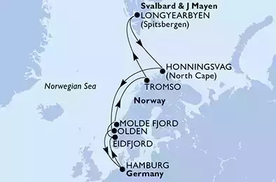 Hamburg,Eidfjord,Molde Fjord,Tromso,Longyearbyen,Honningsvag,Olden,Hamburg