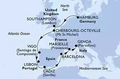 Hamburg,Southampton,Cherbourg,Vigo,Lisbon,Cadiz,Barcelona,Marseille,Genoa