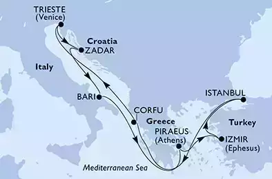 Bari,Piraeus,Izmir,Istanbul,Istanbul,Corfu,Trieste,Zadar,Bari