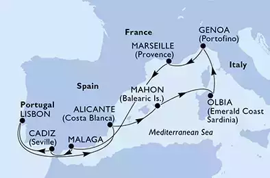 Genoa,Marseille,Malaga,Cadiz,Lisbon,Alicante,Mahon,Olbia,Genoa