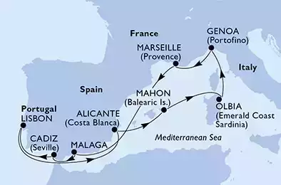 MSC ORCHESTRA  - Itinerario di 10 notti partendo da GENOVA il 26/08/2022 - Genoa,Marseille,Malaga,Cadiz,Lisbon,Alicante,Mahon,Olbia,Genoa