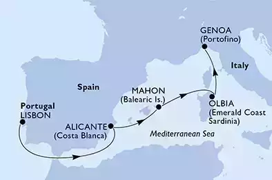 Lisbon,Alicante,Mahon,Olbia,Genoa