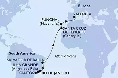 Santos,Ilha Grande,Rio de Janeiro,Salvador,Santa Cruz de Tenerife,Funchal,Valencia
