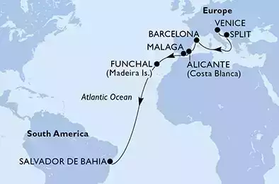 Venice,Split,Barcelona,Alicante,Malaga,Funchal,Salvador
