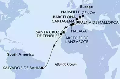 Genoa,Marseille,Barcelona,Palma de Mallorca,Cartagena,Malaga,Santa Cruz de Tenerife,Arrecife de Lanzarote,Salvador