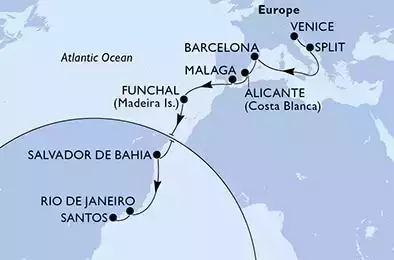 Venice,Split,Barcelona,Alicante,Malaga,Funchal,Salvador,Rio de Janeiro,Santos