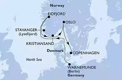 Warnemunde,Stavanger,Eidfjord,Kristiansand,Oslo,Copenhagen