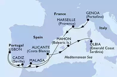Genoa,Marseille,Malaga,Cadiz,Lisbon,Alicante,Mahon,Olbia